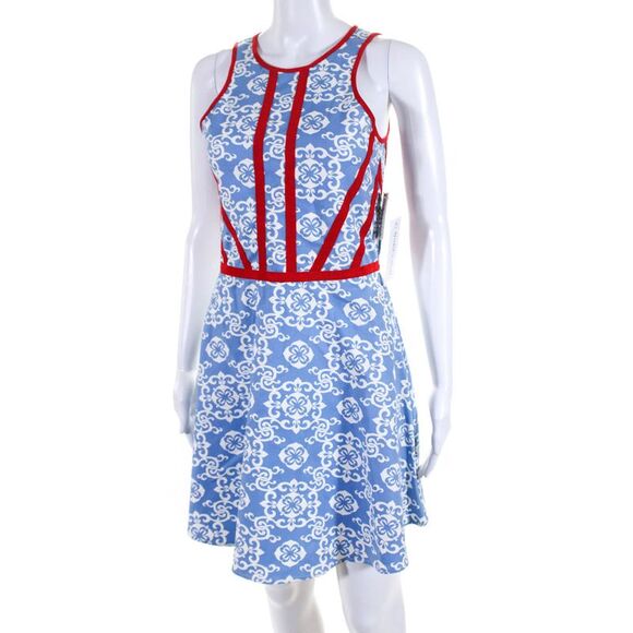 Ellelauri Womens Contrast Trim Abstract Print A line Dress Blue Size M - Picture 2 of 5